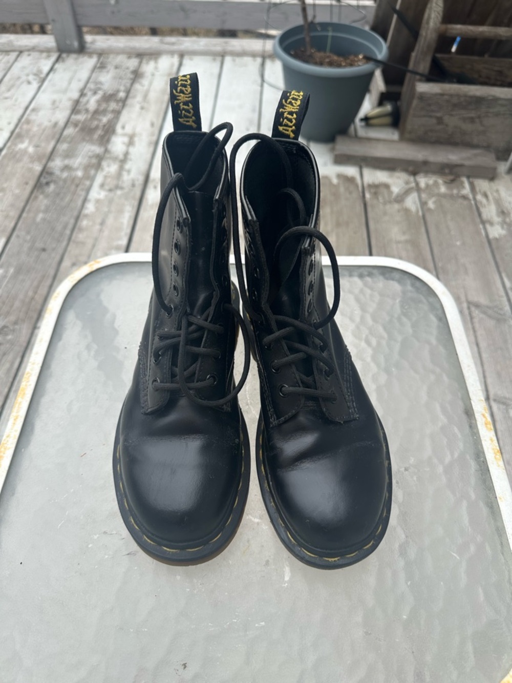 Dr. Martens Black Leather 8-Eye Lace-Up Boots with Yellow Stitching